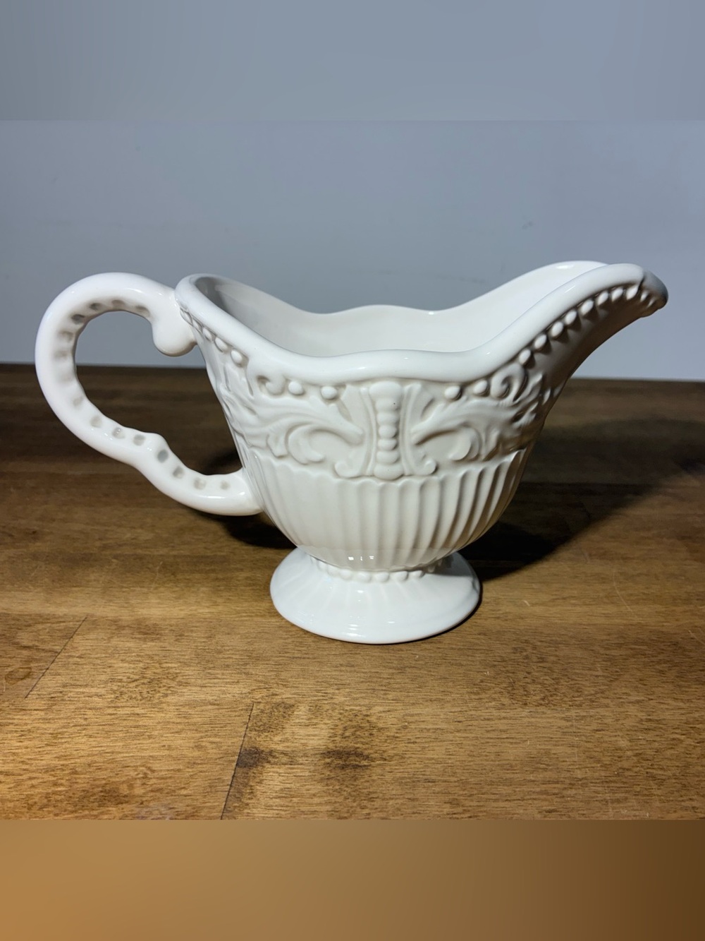 A Perfect Occasion White Embossed Gravy Boat Sauce Server Scrolls China